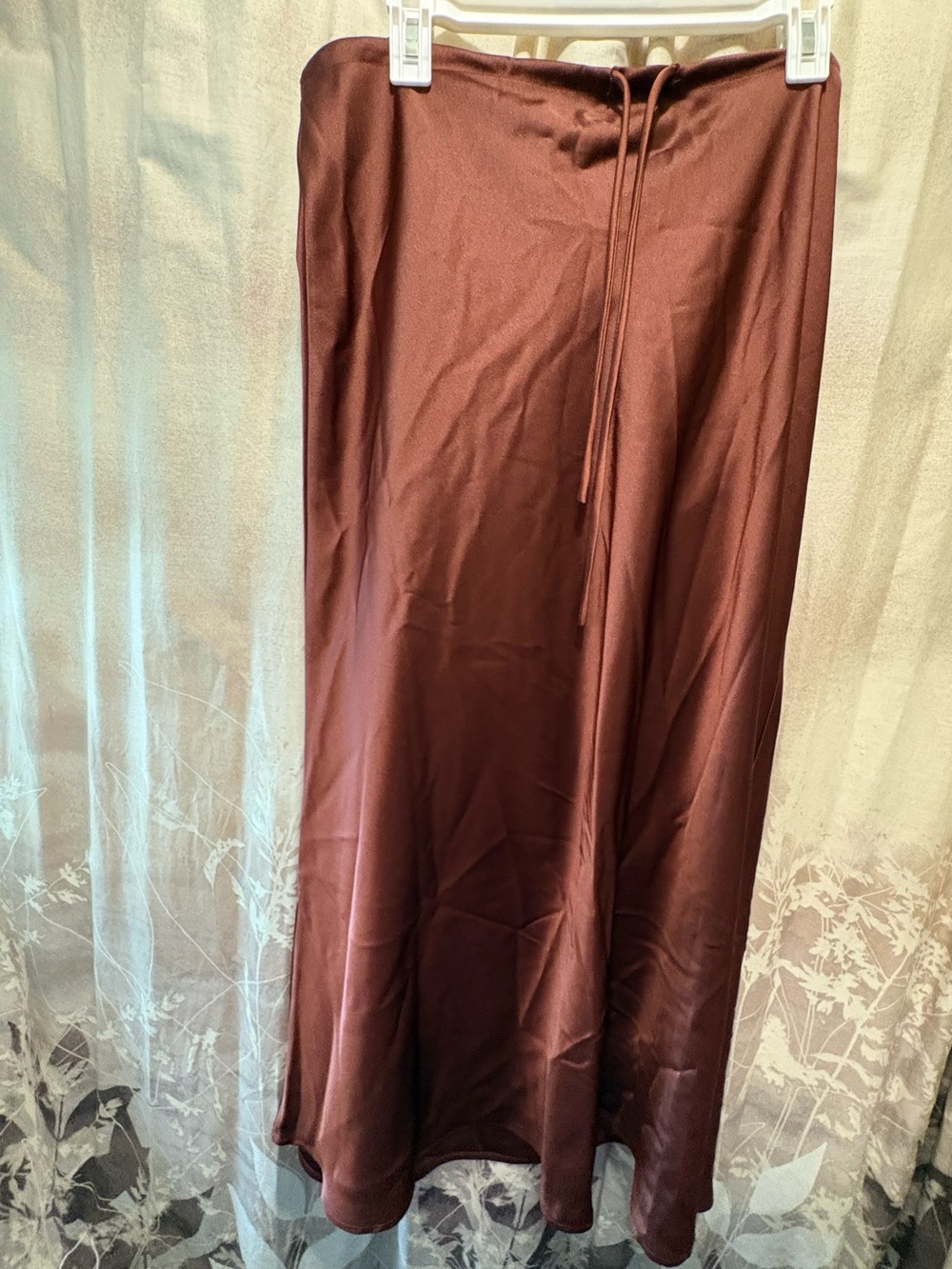 Satin Maxi Skirt in Wine Red with Drawstring Waist
